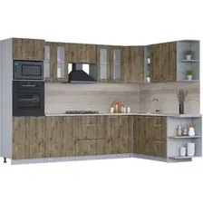 Готовая кухня Интерлиния Мила 1.88x3.0 правая (дуб веллингтон/дуб веллингтон/травертин серый)