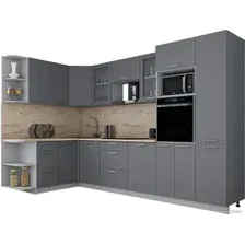 Готовая кухня Интерлиния Мила Gloss 1.68x3.2 левая (серый софт/серый софт/травертин серый)