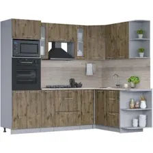Готовая кухня Интерлиния Мила 1.68x2.4 правая (дуб веллингтон/дуб веллингтон/травертин серый)