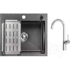 Кухонная мойка Saniteco 5045 Nano + Spike F9S07000 (хром, с сифоном, дозатором и коландером)