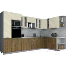 Готовая кухня Интерлиния Мила Gloss 1.88x3.4 правая (ваниль глянец/дуб вотан/травертин серый)