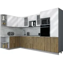 Готовая кухня Интерлиния Мила Gloss 1.68x3.2 левая (белый глянец/дуб вотан/травертин серый)