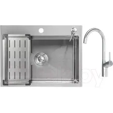 Кухонная мойка Saniteco 6045 + Spike F9S07000 (хром, с сифоном, дозатором и коландером)