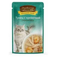 Пауч Деревенские лакомства для кошек, тунец с креветкой в нежном желе, 70 г