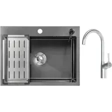 Кухонная мойка Saniteco 6045 Nano + Spike F9S07000 (хром, с сифоном, дозатором и коландером)