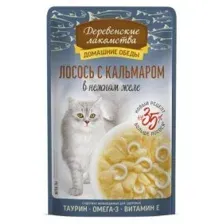 Пауч Деревенские лакомства для кошек, лосось с кальмаром в нежном желе, 70 г