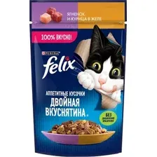 Влажный корм для кошек Felix Аппетитные кусочки. Двойная вкуснятина ягненка и курицы в желе (75г)
