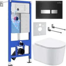 Унитаз подвесной Roxen Simple Compact в комплекте с инсталляцией StounFix Dual Fresh 6 в 1 965318 (кнопка: черное стекло)