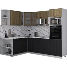 Готовая кухня Интерлиния Мила Деко 1.88x2.4 LV (черный/дуб вотан/белый гранит)