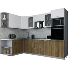 Готовая кухня Интерлиния Мила Gloss 1.68x2.8 левая (белый софт/дуб вотан/травертин серый)