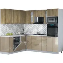 Готовая кухня Интерлиния Мила Gloss 1.896х2.38 (капучино глянец/дуб вотан/серый каспий)