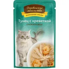 Пауч Деревенские лакомства для кошек, тунец с креветкой в нежном желе, 70 г