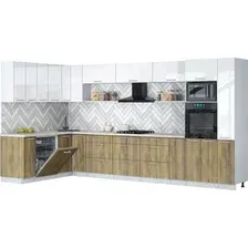 Готовая кухня Интерлиния Мила Gloss 1.896х3.88 (дуб вотан/белый глянец/травертин серый)