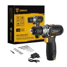 Дрель-шуруповерт аккумуляторная DEKO GCD12DU3 SET 2 12В,32 Нм,0-400/0-1500об/мин,сталь/дерево 10/25мм,подсветка,1.12кг,АКБ li-ion 1х1.5А/ч,ЗУ,кейс,+13 предметов