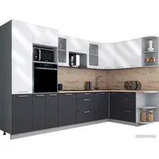 Готовая кухня Интерлиния Мила Gloss 1.68x3.2 правая (белый глянец/графит софт/травертин серый)