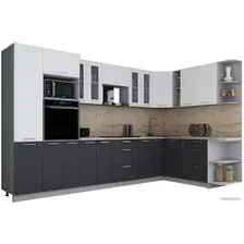 Готовая кухня Интерлиния Мила Gloss 1.88x3.4 правая (белый глянец/графит софт/травертин серый)