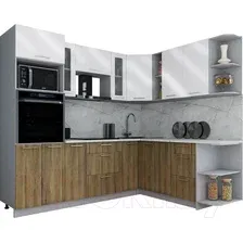 Готовая кухня Интерлиния Мила Gloss 1.88x2.4 правая (белый глянец/дуб вотан/травертин серый)