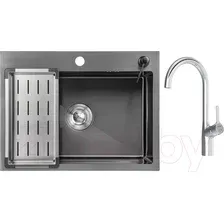 Мойка кухонная со смесителем Saniteco 6045 Nano + Spike F9S07000 (хром, с сифоном, дозатором и коландером)