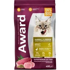 Сухой корм для кошек Award Adult Hairball & Indoor (для выведения шерсти с уткой и индейкой с добавлением зеленой чечевицы и Юкки Шидигера) 400 г