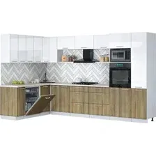 Готовая кухня Интерлиния Мила Gloss 1.896х3.38 (дуб вотан/белый глянец/травертин серый)