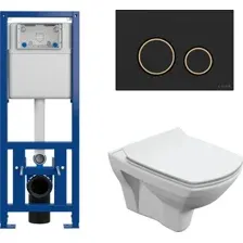 Унитаз подвесной Cersanit Carina New Clean On с инстал. Link Pro (с кнопкой Twins 63534 черный/золото)