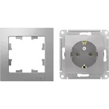 Розетка с рамкой Systeme (Schneider) Electric AtlasDesign ATN000343 с заземлением + ATN000301 (алюминий/алюминий)