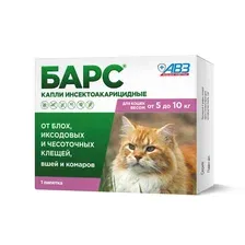 БАРС Капли на холку от блох и клещей для кошек от 5 до 10 кг, 1пип.