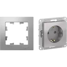 Розетка с рамкой Systeme (Schneider) Electric AtlasDesign ATN000345 + ATN000301 (алюминий/алюминий)