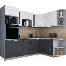 Готовая кухня Интерлиния Мила Gloss 1.68x2.4 правая (белый глянец/графит софт/травертин серый)