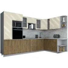 Готовая кухня Интерлиния Мила Gloss 1.88x3.2 правая (ваниль глянец/дуб вотан/травертин серый)