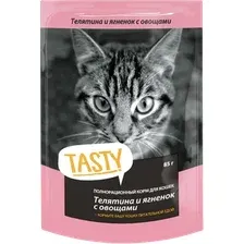 Влажный корм для кошек Tasty Cat с телятиной, ягненком и овощами в желе (85г)