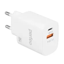 PERFEO I4661 Сетевое зарядное устройство с двумя разъемами USB-A+TYPE-C, 20W, белый
