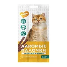 Лакомство Мнямс лакомые палочки для кошек из цыпленка и печени 3х5 г