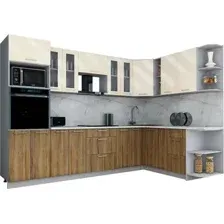 Готовая кухня Интерлиния Мила Gloss 1.88x3.0 правая (ваниль глянец/дуб вотан/травертин серый)