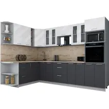 Готовая кухня Интерлиния Мила Gloss 1.88x3.0 левая (белый глянец/графит софт/травертин серый)