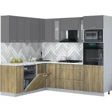 Готовая кухня Интерлиния Мила Gloss 1.896х2.38 (дуб вотан/серый/белый гранит)
