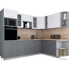 Готовая кухня Интерлиния Мила Gloss 1.88x2.6 правая (белый софт/серый софт/травертин серый)