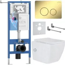 Унитаз подвесной Roxen Cube Tornado Bidet в комплекте с инсталляцией StounFix Dual Fresh 6 в 1 868472 (кнопка золото глянцевая)
