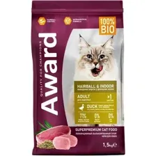 Сухой корм для кошек Award Hairball&Indoor с уткой и индейкой с чечевицей и юкки Шидигера (1.5кг)