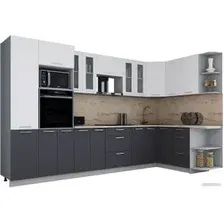 Готовая кухня Интерлиния Мила Gloss 1.68x3.4 правая (белый софт/графит софт/травертин серый)