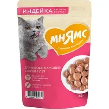 Влажный корм для кошек Мнямс Кусочки в соусе с индейкой для кошек старше 7 лет (85г)