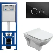 Унитаз подвесной Cersanit Carina New Clean On с инстал. Link Pro (с кнопкой Twins 64117 стекло черный)