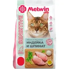 Корм для кошек MELWIN с чувствительным пищеварением, индейка/шпинат, 2.5 кг