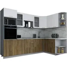Готовая кухня Интерлиния Мила Gloss 1.68x2.8 правая (белый софт/дуб вотан/травертин серый)