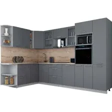 Готовая кухня Интерлиния Мила Gloss 1.88x3.2 левая (серый софт/серый софт/травертин серый)