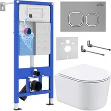 Унитаз подвесной Roxen Simple Compact в комплекте с инсталляцией StounFix Dual Fresh 6 в 1 919136 (кнопка хром матовый)