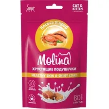 Лакомство для кошек Molina Healthy Skin & Shiny Coat Подушечки с начинкой из лосося и краба (60г)