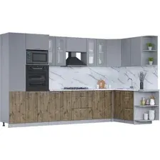 Готовая кухня Интерлиния Мила 1.68x3.4 правая (серебро/дуб веллингтон/белый гранит)