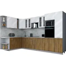 Готовая кухня Интерлиния Мила Gloss 1.88x3.4 левая (белый глянец/дуб вотан/травертин серый)