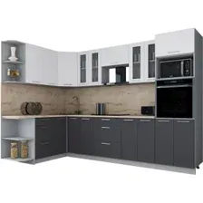 Готовая кухня Интерлиния Мила Gloss 1.68x3.0 правая (белый софт/графит софт/травертин серый)